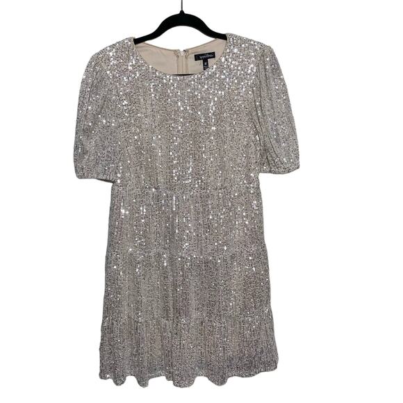 Speechless Short Sleeve Embellished Sequin Mini Shift Dress Silver Womens Medium - Picture 1 of 9
